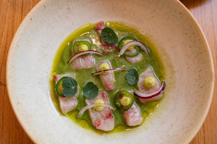 Ceviche de corvina con caldito de hierbas mediterráneas y aceite de chile verde.