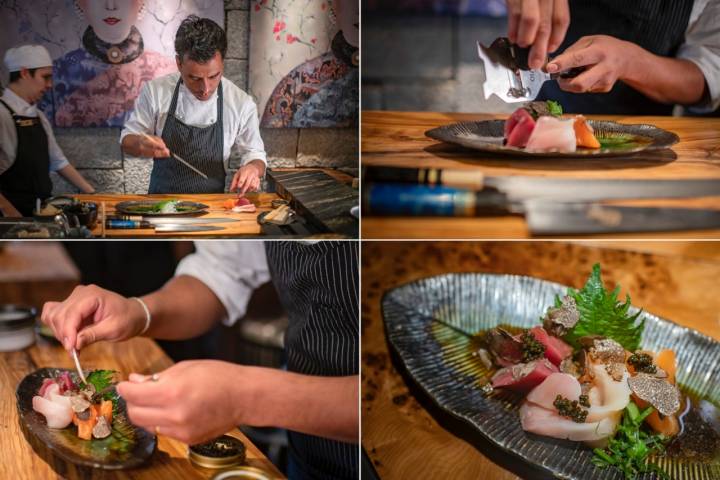Truffle sashimi: el salmón de Noruega, el pez limón y el akami de atún de aleta azul. 