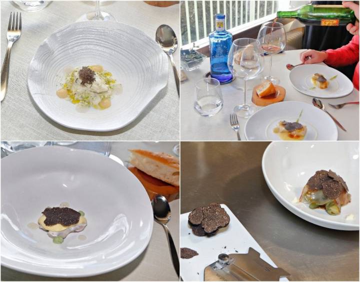 Platos del menú 'con trufa negra de Soria': cardo-almendra, liebre a la 'royal', cocochas y alcachofas 'al ajillo'.
