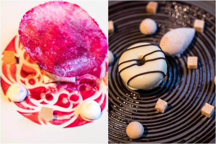A la izquierda, la platea de hibiscus en diferentes texturas. A la derecha, el falso donut sobre espiral de chocolate.