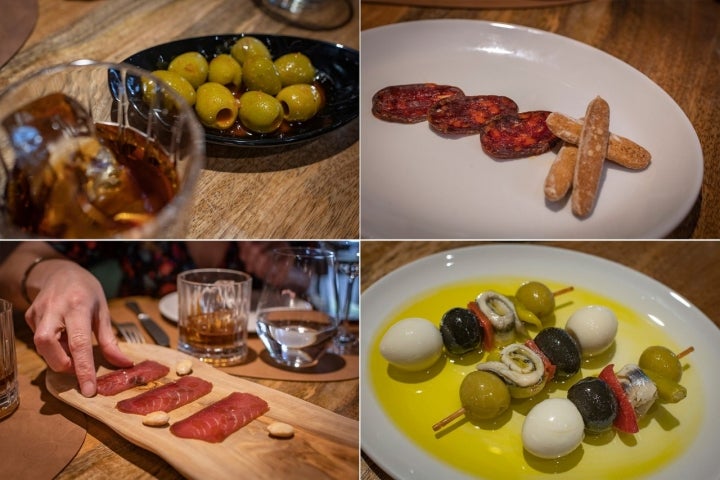 Aceitunas aliñadas en 'Qubek', chorizo de toro, mojama de atún de Cartagena y toreras de Vallecas.