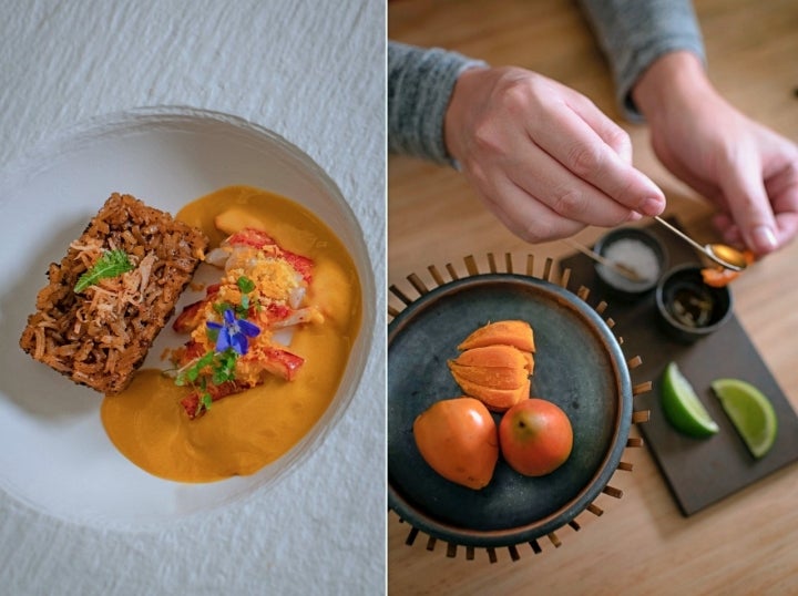 Restaurante 'Quimbaya' (Madrid): chontaduro y bogavante con arroz de coco y una 'bisque'.