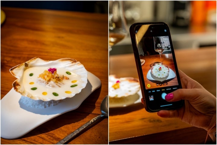 El 'kinilaw' de vieiras se adereza con leche de coco, pico de gallo de mango y papaya, escabeche y aceite de hierbabuena El 'kinilaw' de vieiras se adereza con leche de coco, pico de gallo de mango y papaya, escabeche y aceite de hierbabuena