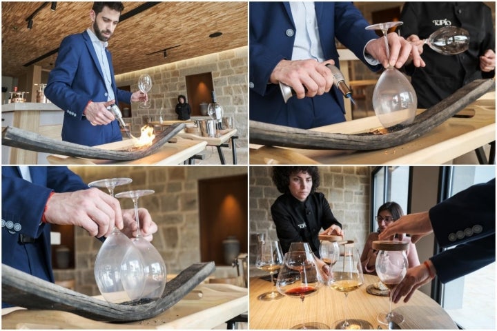 Fotomontaje con varios momentos de un triple maridaje. que realiza el sumiller.
