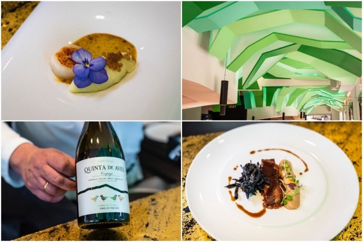 El restaurante está decorado como si fuera una palmera. En los platos: yema de huevo trufada con vieira y manitas de cerdo con turrón de hígado de pato y trompetas de la muerte.