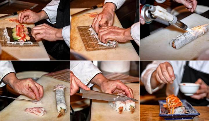 Consecución de fotos mostrando la elaboración de uno de los sushis