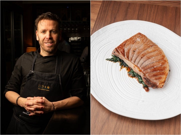 José Calleja, chef del restaurante Surtopía (Madrid) y su plato de ventresca con espinacas rehogadas.