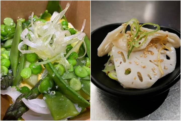 Huevitos 'mollet bio', manojito de verduras de temporada y salsa de ají amarillo; y raíz de loto. Foto: Instagram 'Mr. Chu'.