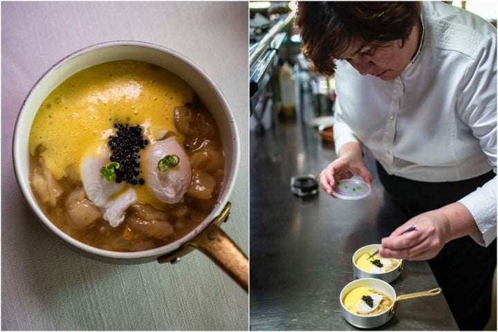 Callos de bacalao con espuma de aceite, huevo de codorniz y huevas de arenque.