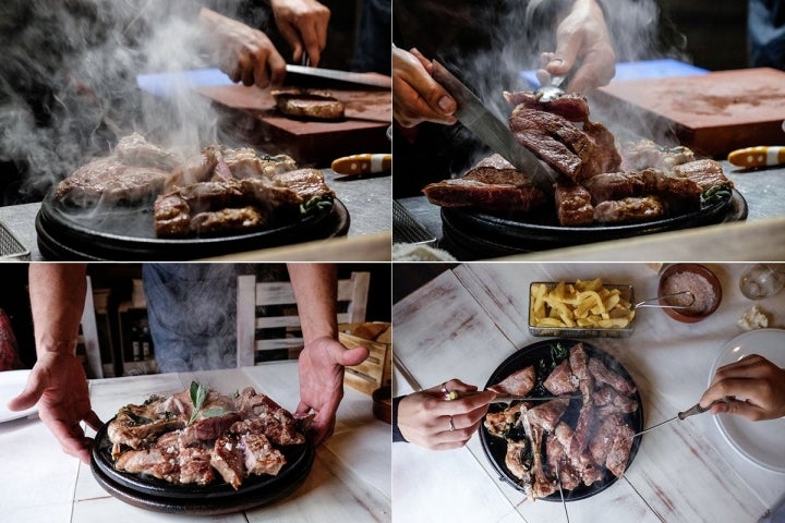 Una mezcla de diferentes carnes que el cliente termina de prepararse a la piedra en la mesa.