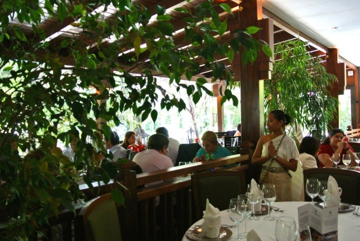 Degustar un menú en un exuberante jardín tailandés.