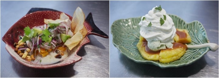 Restaurante 'El Taller'. Platos de corvina y postre de piña