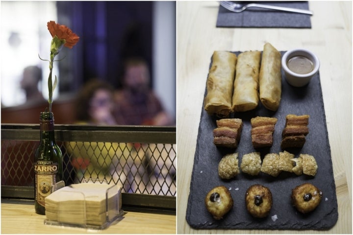 Tabla de 'hits': rollitos de cocido, torreznos 2.0 y buñuelos de queso.