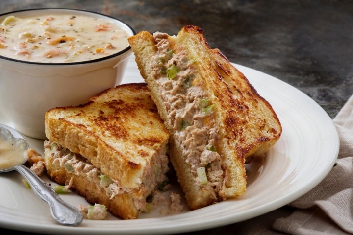 Tuna Melt Grilled Cheese Sandwich with Clam Chowder