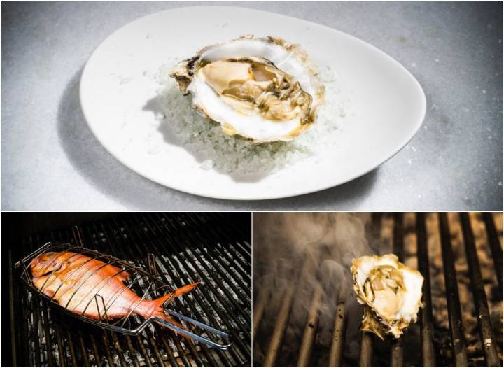 Dos platos del restaurante 'El Señor Martín': ostra y pescado a la brasa.