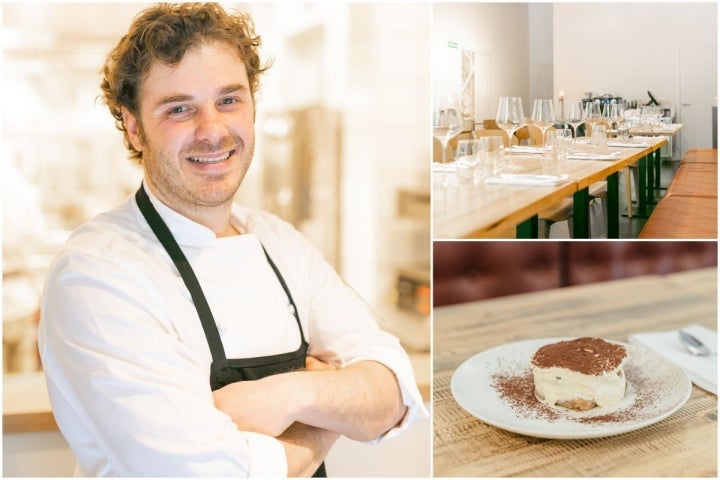 Composición del chef Roberto Colella, vista del espacio del restaurante Colella, en Barcelona, y tiramisú. Fotos: Resturante Colella.