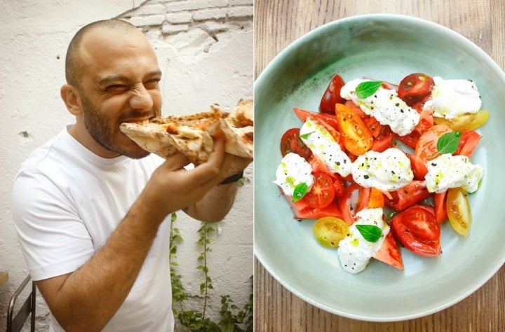 Rafa Panatieri comiendo una 'pizza' y una ensalada de tomates de temporada con 'stracciatella' y albahaca. Foto: Garden Pizza.