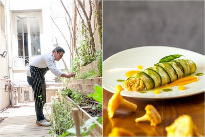 El chef en la huerta (in situ) y el canelón de calabacín con rebozuelos, queso de cabra y crema de naranja y zanahoria. Foto: Bosque.