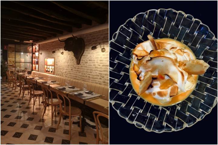 Postre de crema de naranja y merengue. A la izquierda, detalle del salón. Foto: 'Restaurante Señorío'.