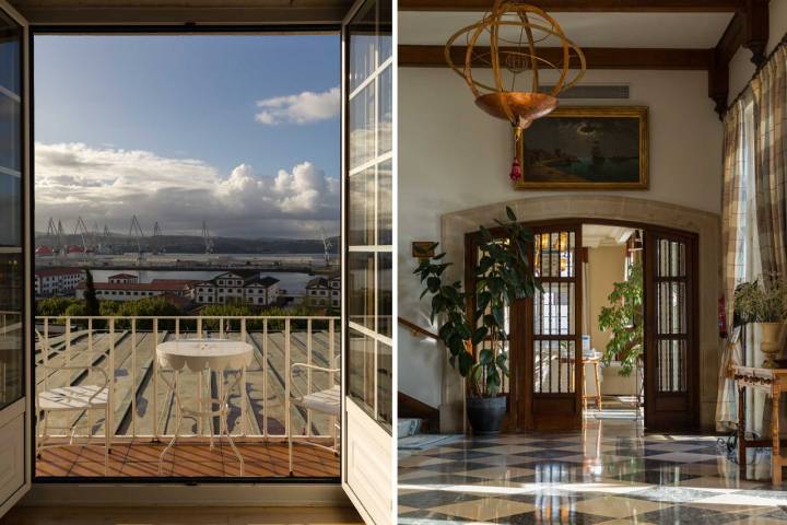 Fotomontaje con dos imágenes: una de la terraza de una de las habitaciones que da a la Ría; y otra de la recepción del Parador.