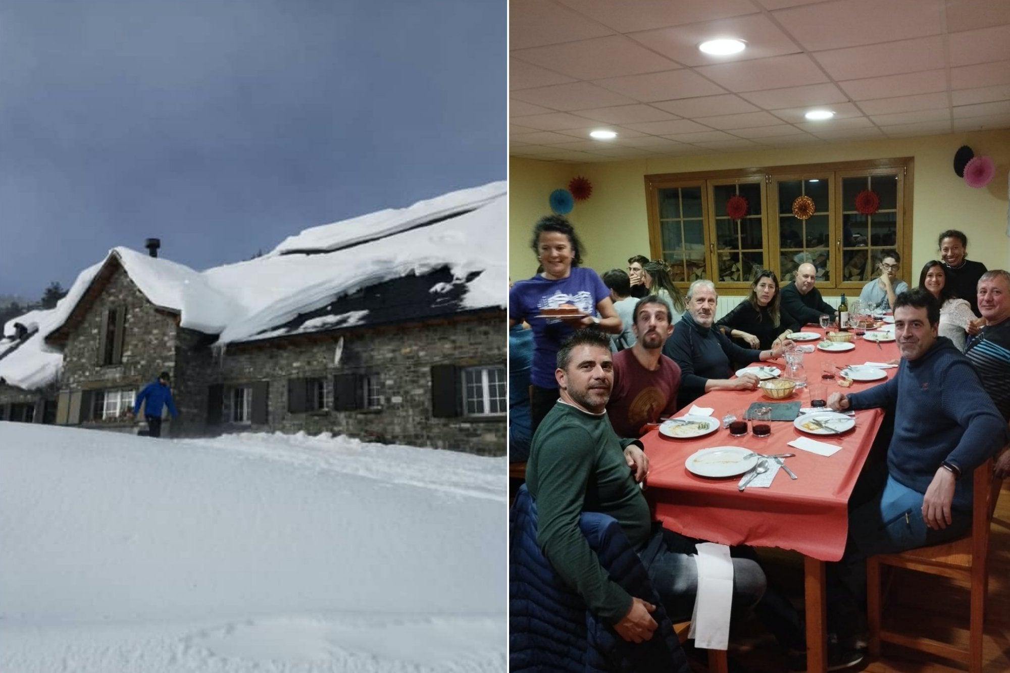 Exterior del refugio Lizara cubierto de nieve y un grupo celebrando las Navidades pasadas