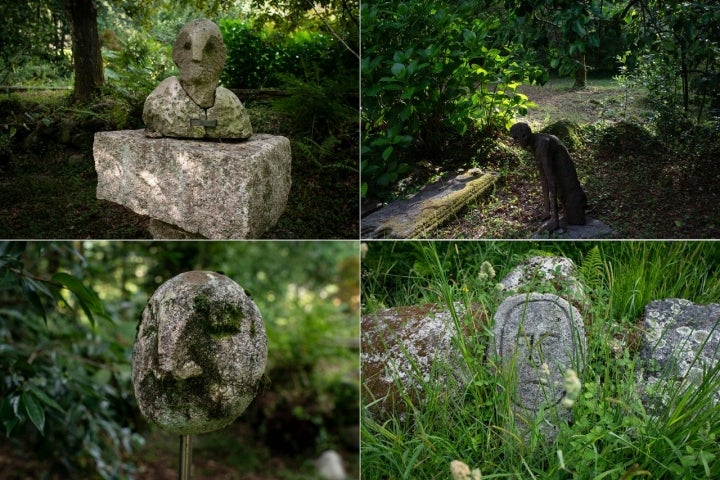 Las esculturas pueblan el jardín, junto a antiguas laudas gremiales.