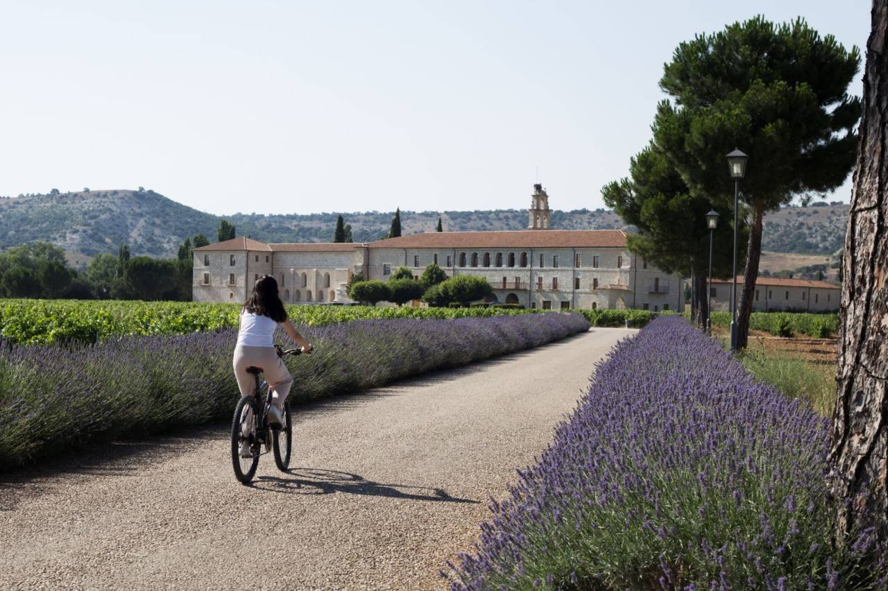 Hotel Abadía Retuerta LeDomanine: entrada con mujer paseando en bicicleta