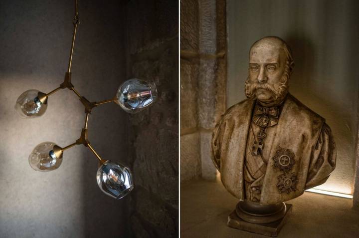 Hotel 'Palacio Tondón' (Briñas): lámpara de decoración y busto del antepasado de la familia de Pedro Jiménez