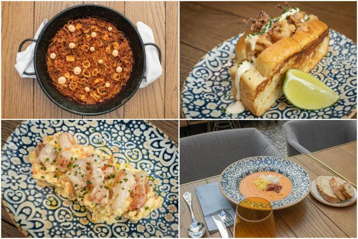 Cuatro de los hits del restaurante: la fideuá, el brioche de calamares, la ensaladilla rusa y el salmorejo.