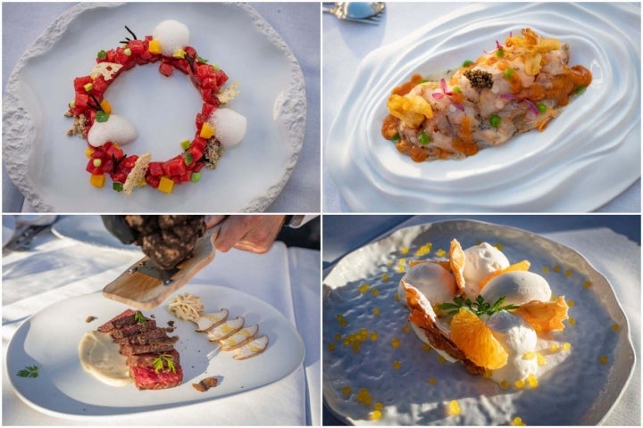 Tartar de atún rojo, risotto de chipirones y langostinos, tataki de Wagyu sobre cremoso de tupinanbo y el postre de chocolate blanco con mandarina y helado de berenjena asada.