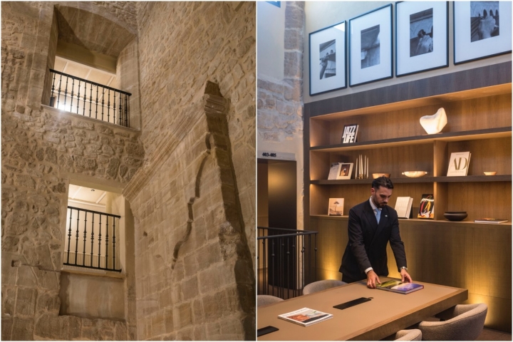 El lucernario original del palacio y la biblioteca de la cuarta planta.