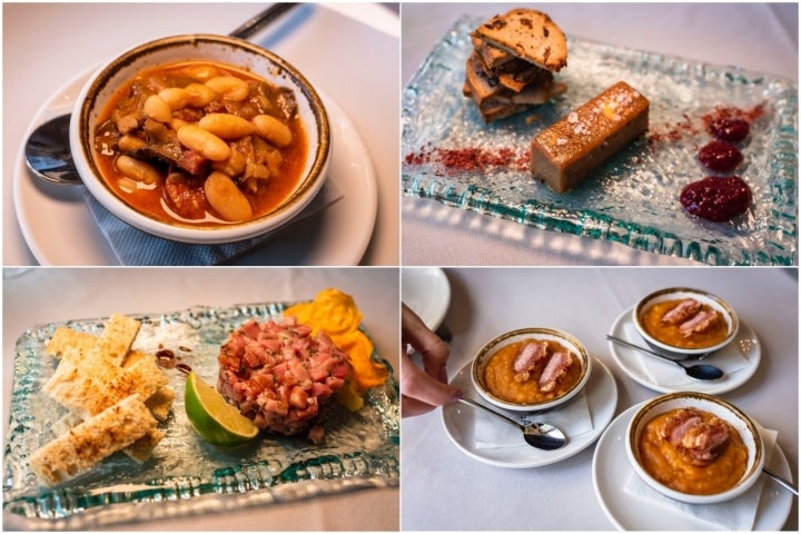 Judías del Barco de Ávila, turrón de foie, tartar de atún y revolconas con torrezno de Soria.