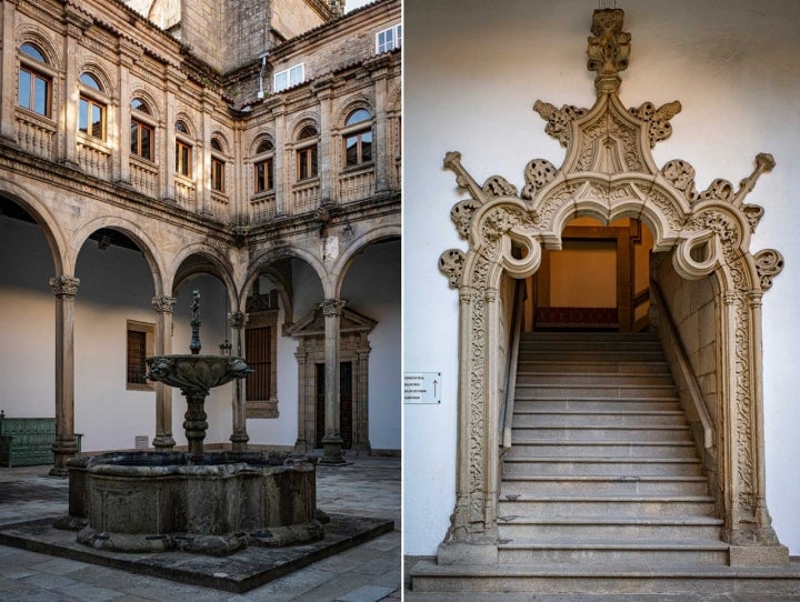 Uno de los cuatro patios del Parador y detalle de la escalera.