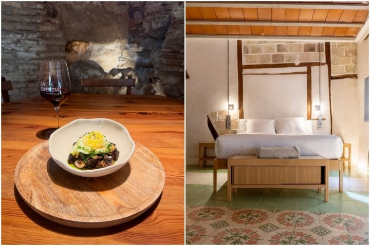 Uno de los platos de La Esencial y una habitación del hotel anexo