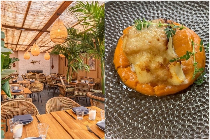 Terraza y uno de los platos del restaurante Silogía