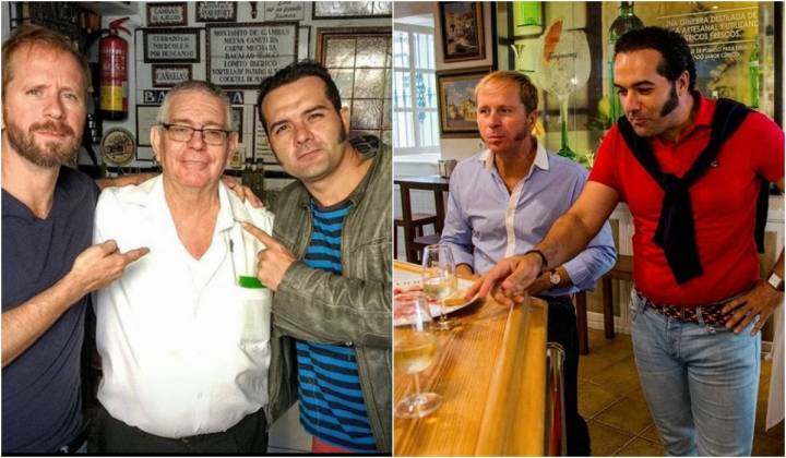 Con el dueño del 'Bar Eme', en Sevilla. A la derecha, tapeando en una taberna de la ciudad. Fotos: Instagram.