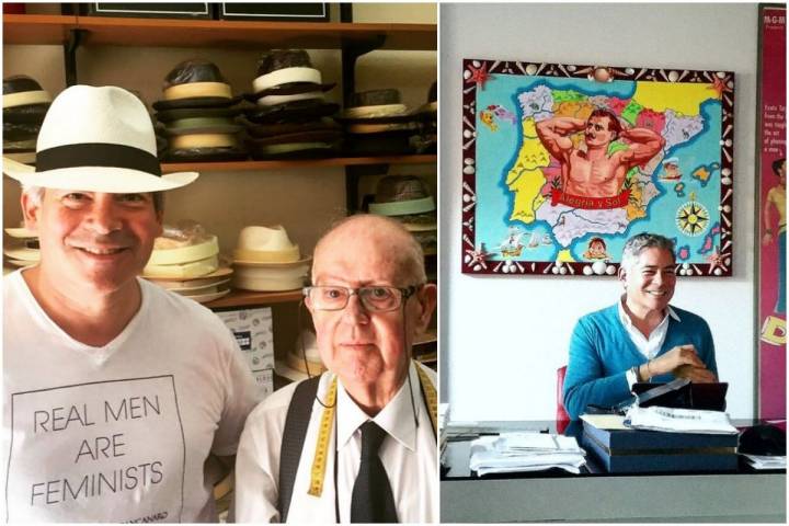 Boris Izaguirre en una tienda de sombreros de Málaga y en su despacho. Fotos: Instagram.