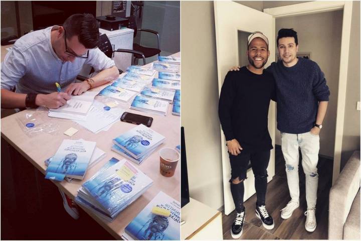 El escritor durante una firma de uno de sus libros. A la derecha, junto al futbolista Luís Gustavo Ledes. Foto: Instagram.