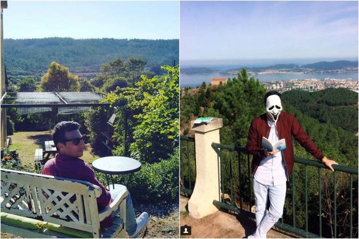 De relax en Aguapesada, Ames (La Coruña). A la derecha, en Vigo con una careta. Foto: Instagram.