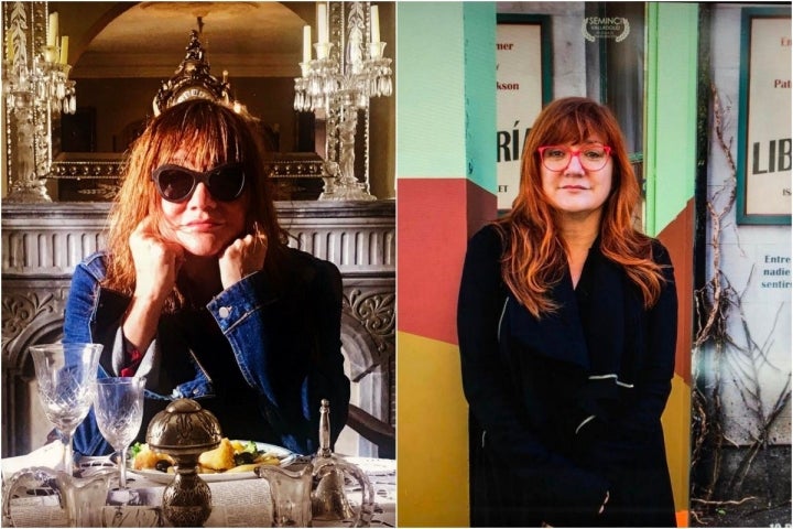 Isabel Coixet sentada a la mesa y durante la semana de Cine de Valladolid. Fotos: Instagram