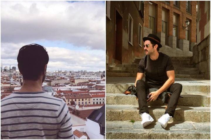 El actor Javier Rey mirando los tejados de Madrid y en La Latina, con su perro Vito.