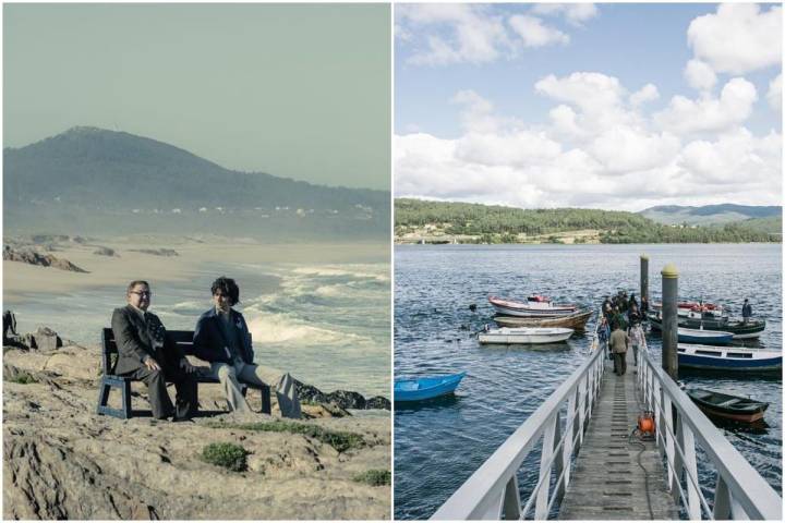 Dos momentos del rodaje de 'Fariña', en la playa de As Furnas, en Porto de Son, y en la playa de Ganchino, en Cambados.