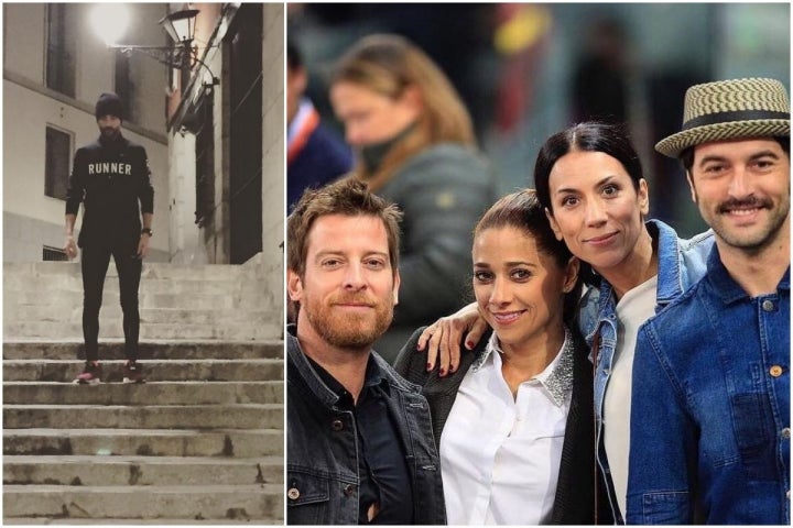 El actor Javier Rey, después de correr la San Silvestre de Vallecas y con un grupo de compañeros en el Mutua Madrid Open.