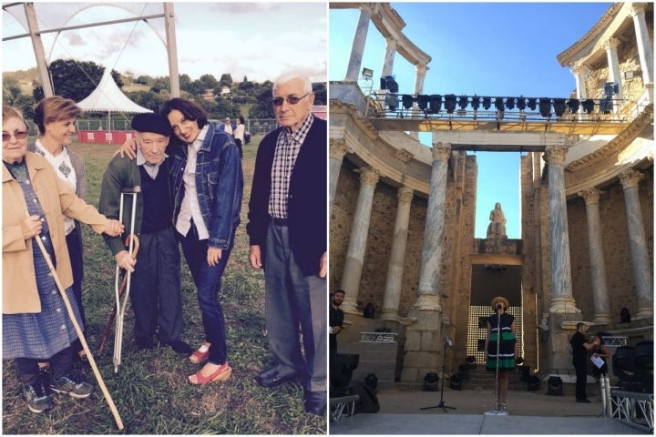 Luz Casal con paisanos de Boimoro, A Coruña, su pueblo natal, y en actuando en el Teatro Romano de Mérida.