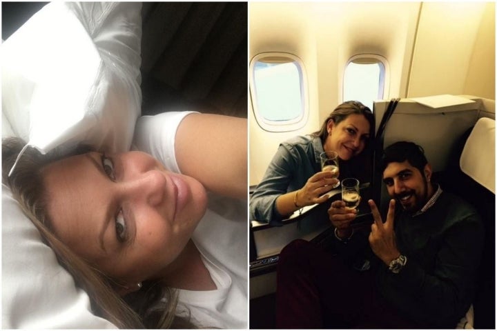 La cantante Niña Pastori tumbada en la cama de un hotel y en un avión brindando con su marido. Fotos: Facebook.