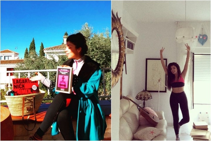 Soleá Morente en el cerro de Palomares, Granada, con el último disco de Lagartija Nick, de Discos Marcapasos, y el libro Ropa múisca y discos, de Discos Bora Bora; y en su casa haciendo pilates. Fotos: Instagram