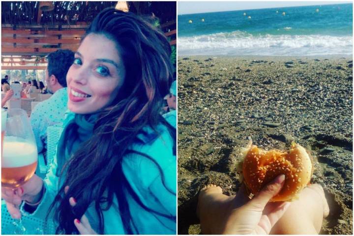 Soleá Morente descansando en la playa tomando una cerveza y comiendo una hamburguesa. Fotos: Instagram