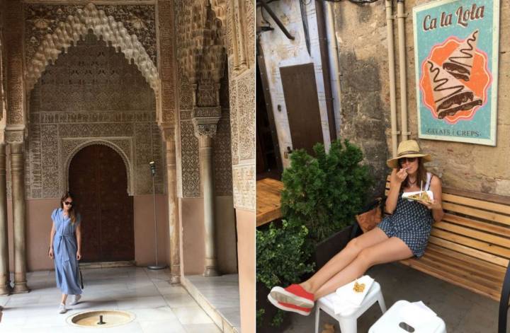 Viajando sin prisas, Diana en La Alhambra y Mar, comiendo un 'crêpe' en 'Ca La Lola' (Peratallada). Fotos: Três Studio.