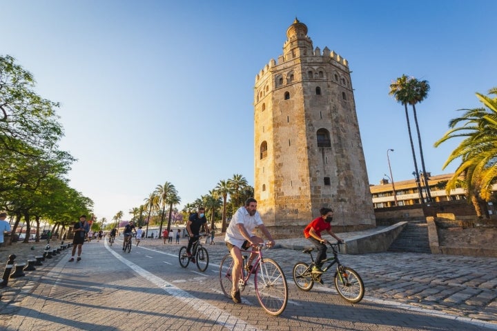 Buscando el frescor de las riberas, son muchos los que eligen la zona de la Torre del Oro para pasear o hacer deporte.