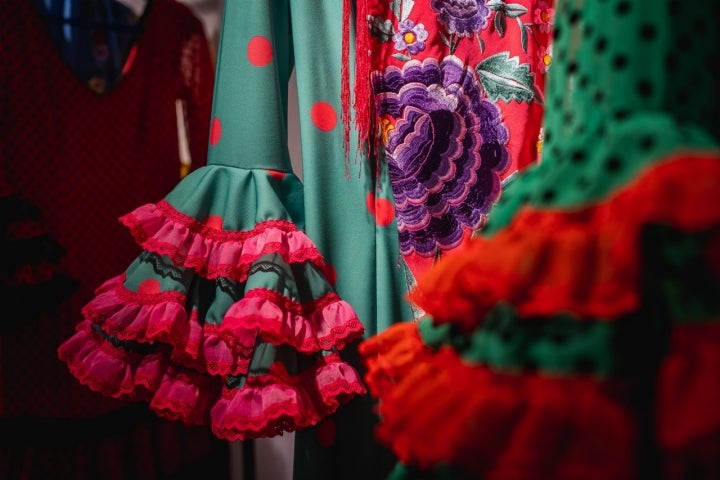 Flamenca zapatos para niñas en un escaparate. Sevilla. Andalucia